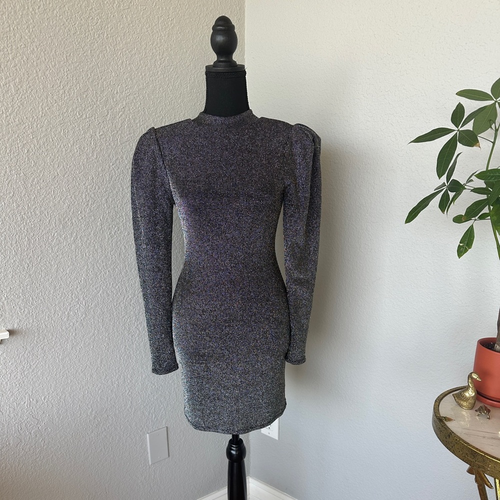 BCBG puff shoulder long sleeve mini dress - silver & black - size XS